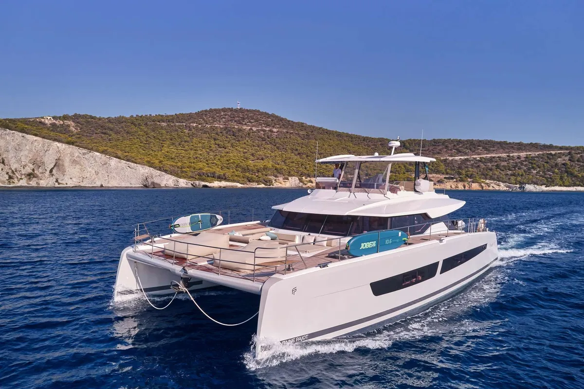 Elly, a Fountaine Pajot Power 67 catamaran at Flisvos Marina, Greece
