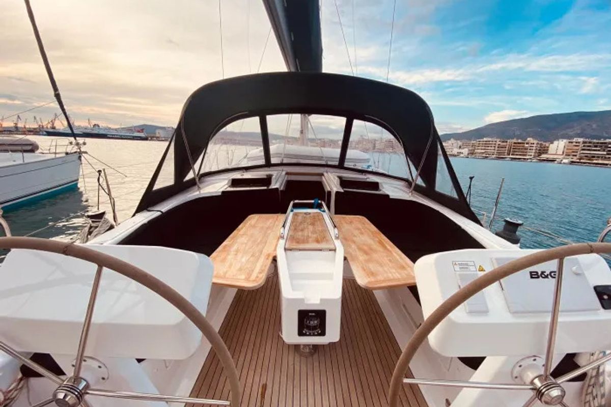 Cockpit of Rogira, a Hanse Yachts Hanse 458 sailboat at Volos Municipality, Greece