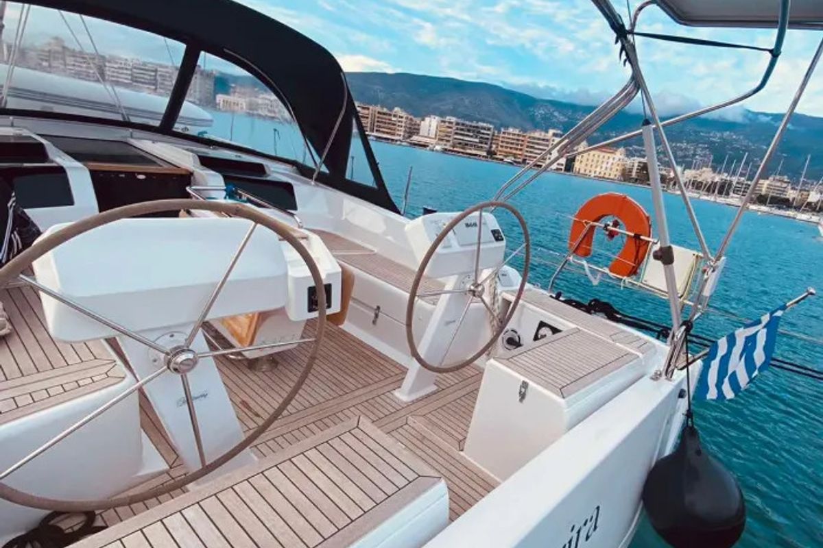 Cockpit of Rogira, a Hanse Yachts Hanse 458 sailboat at Volos Municipality, Greece