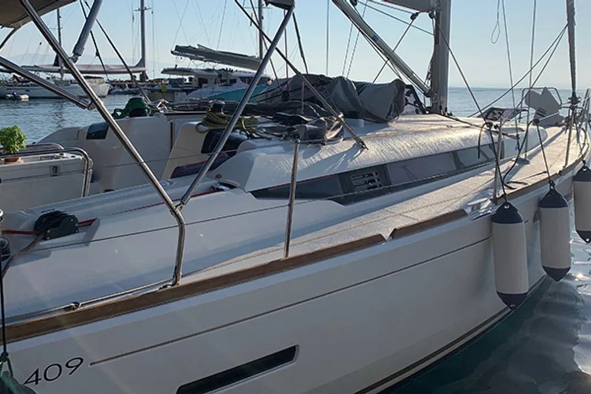 Deck of ETERNITY, a Jeanneau Sun Odyssey 409 sailboat at Municipal Unit of Lefkada, Greece