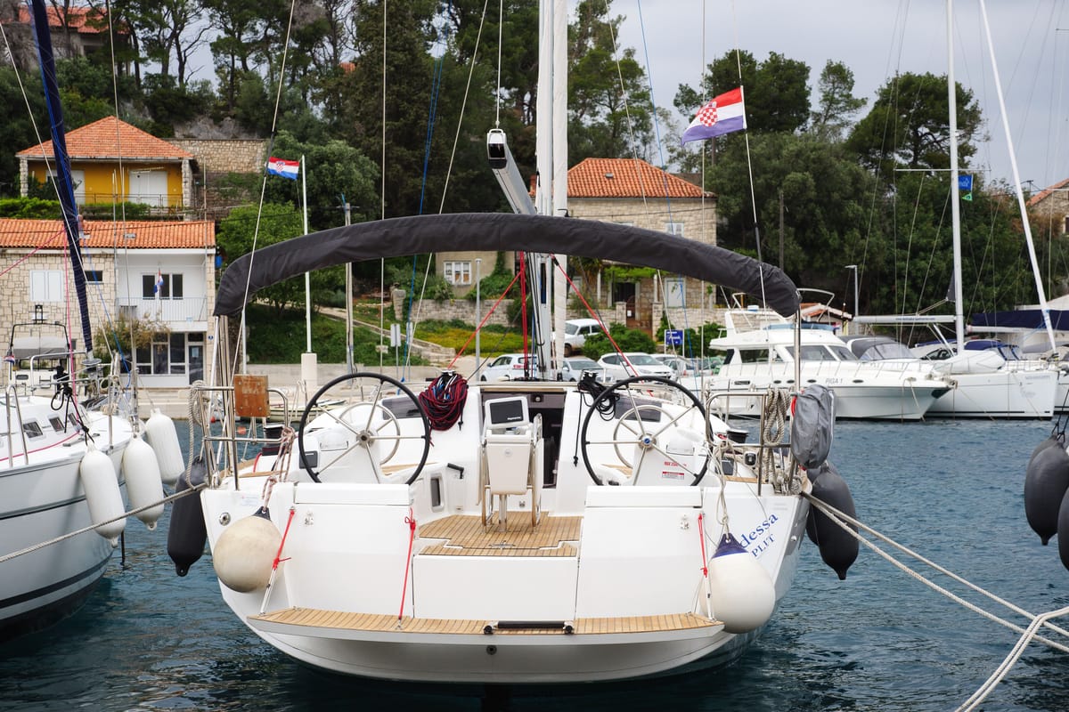 Cockpit of Odessa, a Jeanneau Sun Odyssey 449 sailboat at Rogač, Croatia