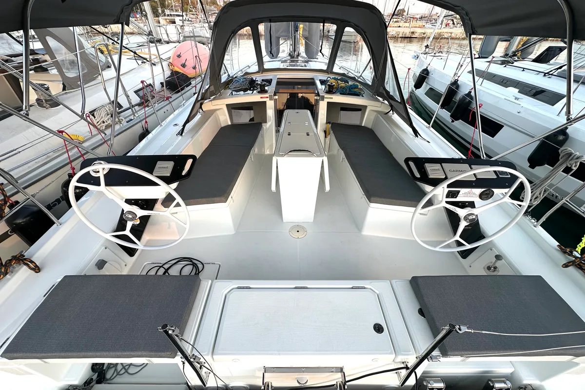 Cockpit of Ismini, a Dufour 41 sailboat at Kos, Greece