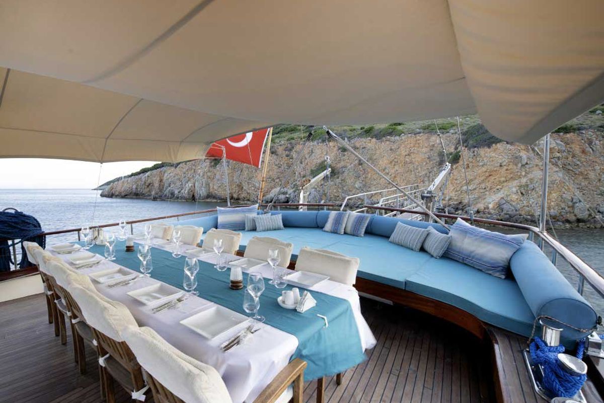 Deck of Grande Lale, a Gulet Gulet gulet at Bodrum, Turkey