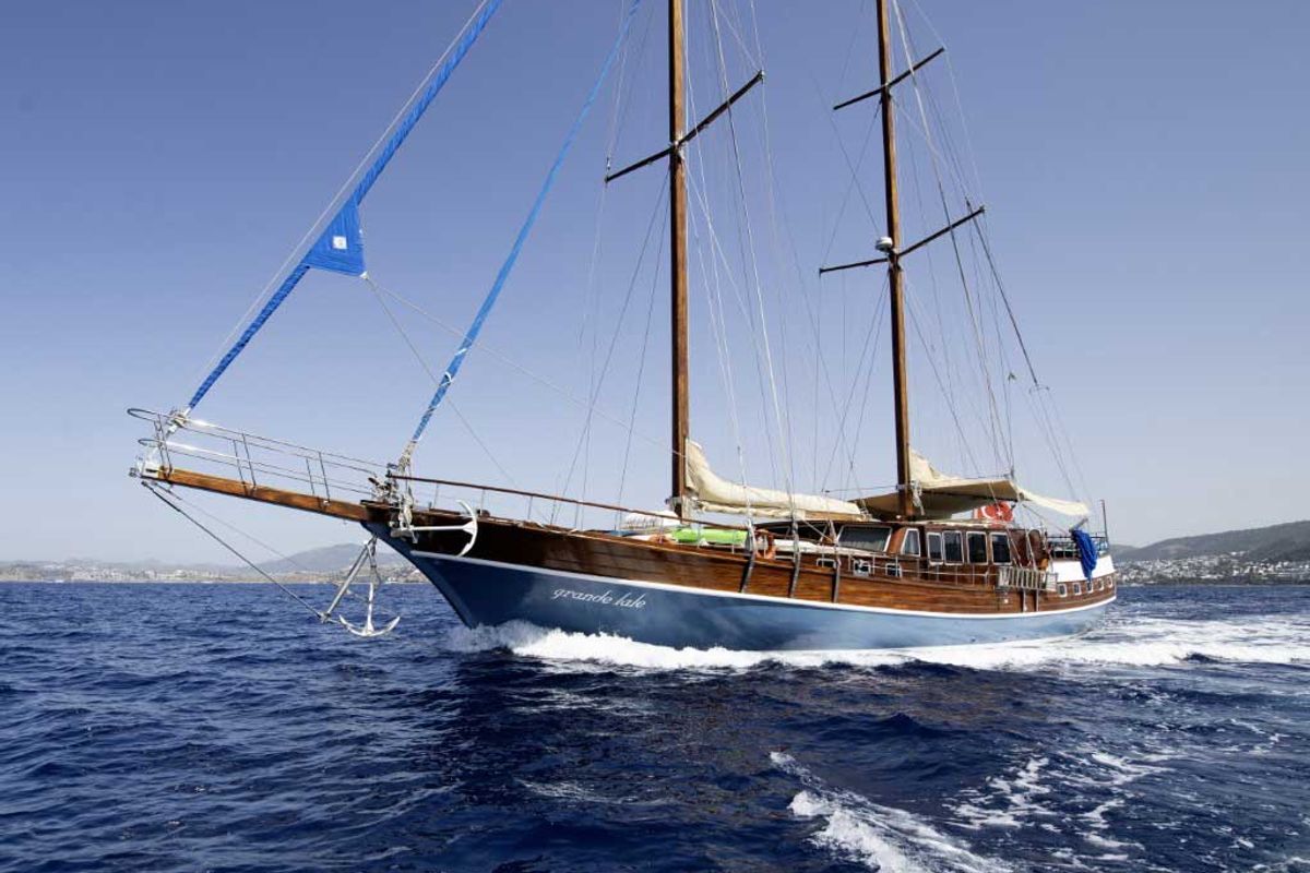 Exterior view of Grande Lale, a Gulet Gulet gulet at Bodrum, Turkey