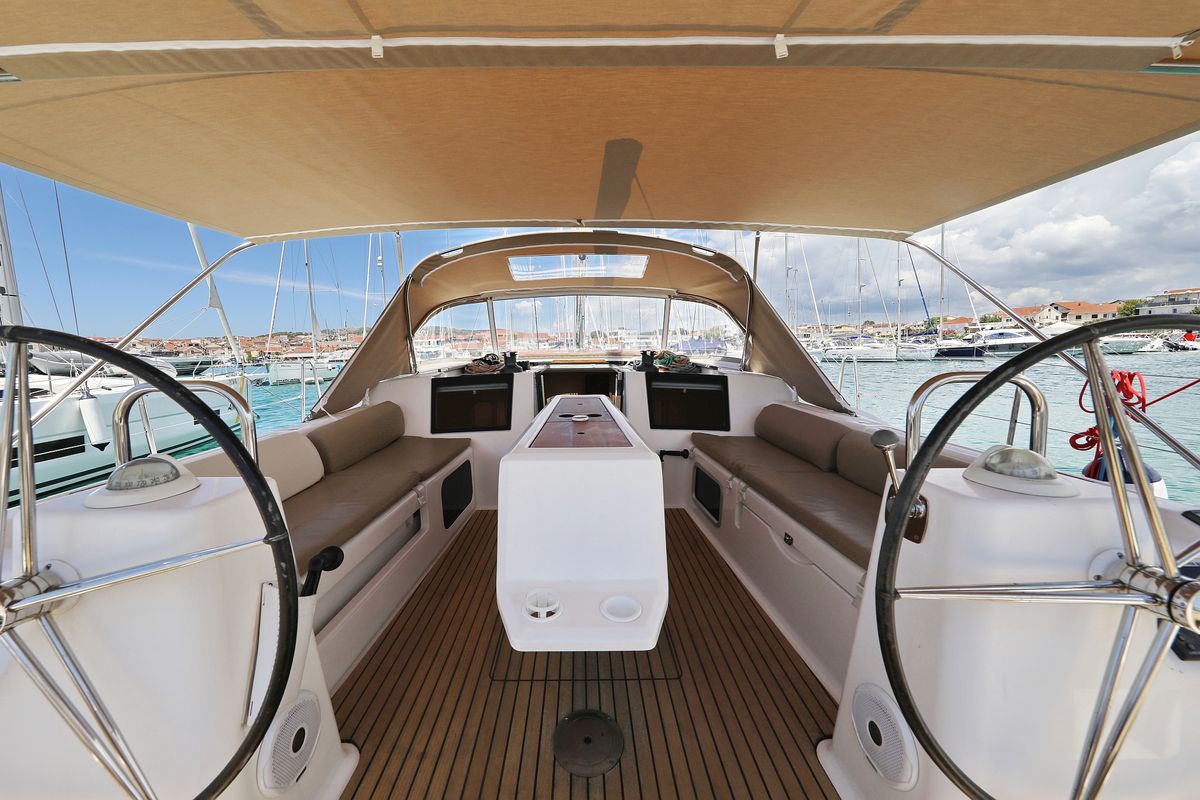 Cockpit of 4 You, a Dufour 460 GL sailboat at Grad Vodice, Croatia