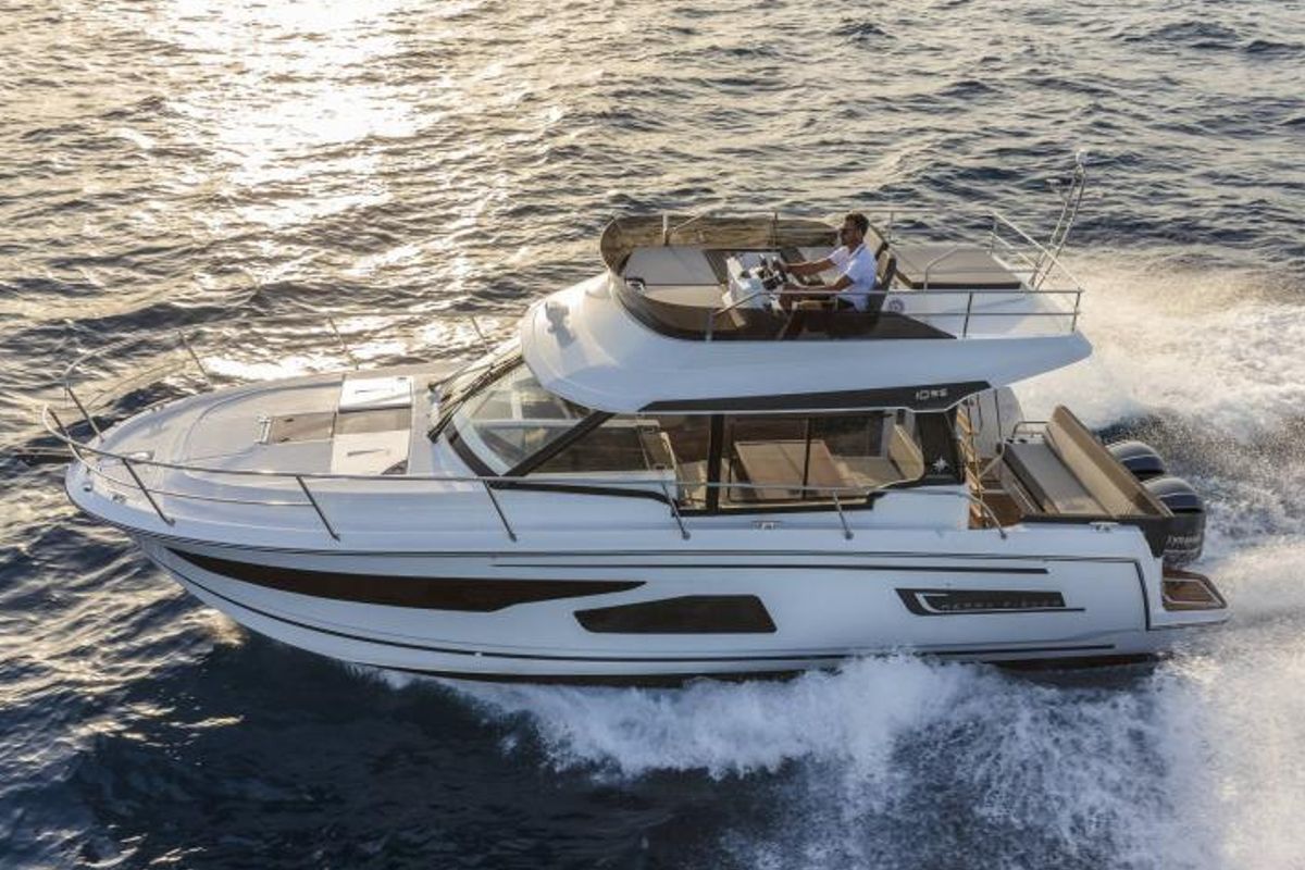 Exterior view of MF 1095, a Jeanneau Merry Fisher 1095 FLY motorboat at Punat, Croatia