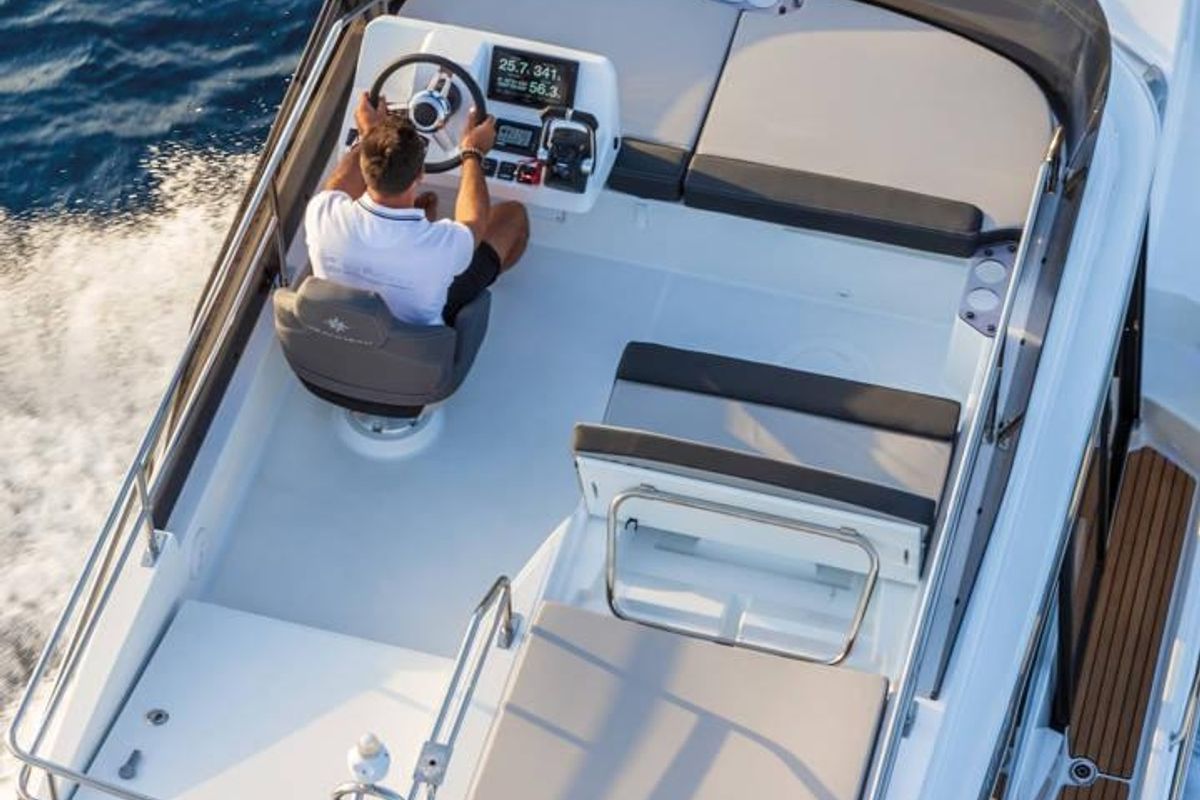 Cockpit of MF 1095, a Jeanneau Merry Fisher 1095 FLY motorboat at Punat, Croatia
