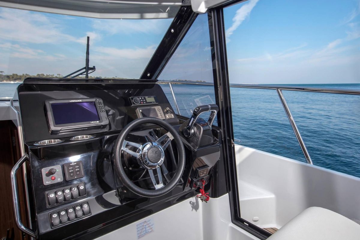 Cockpit of MF 1095, a Jeanneau Merry Fisher 1095 FLY motorboat at Punat, Croatia