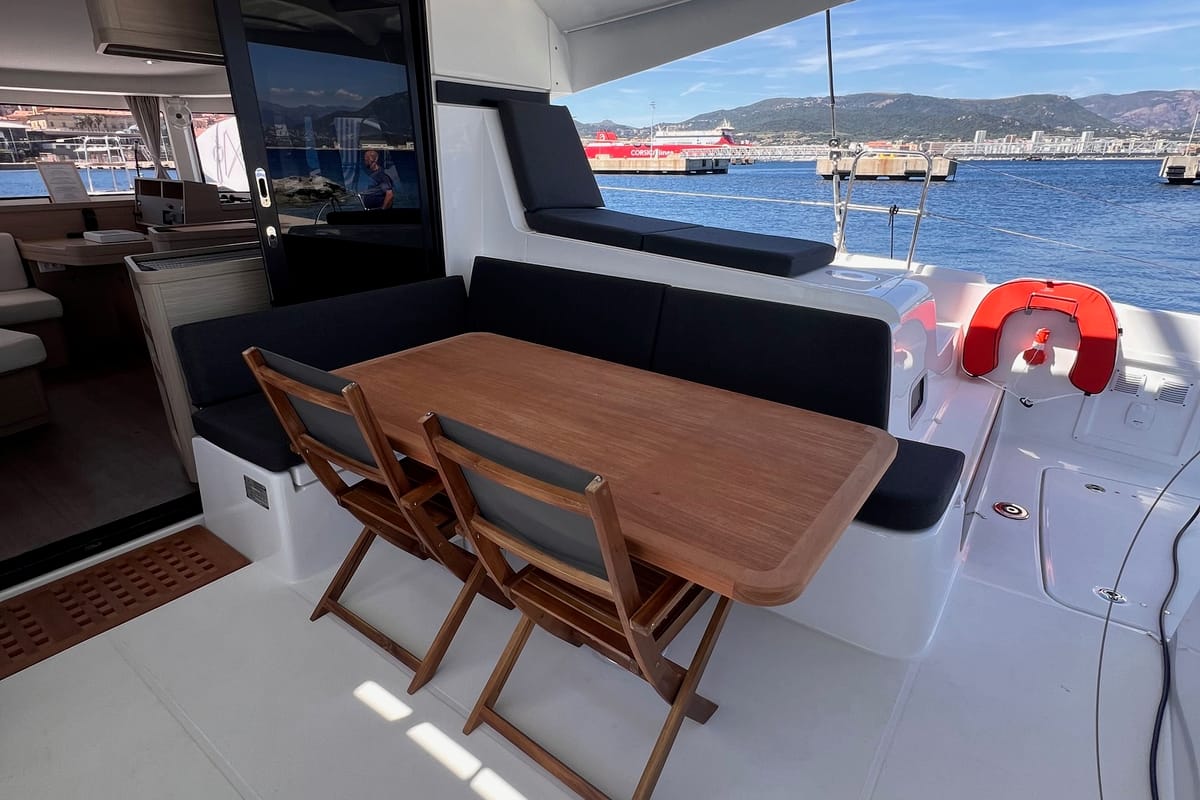 Deck of CELAVIE, a Lagoon 42 catamaran at Ajaccio, France