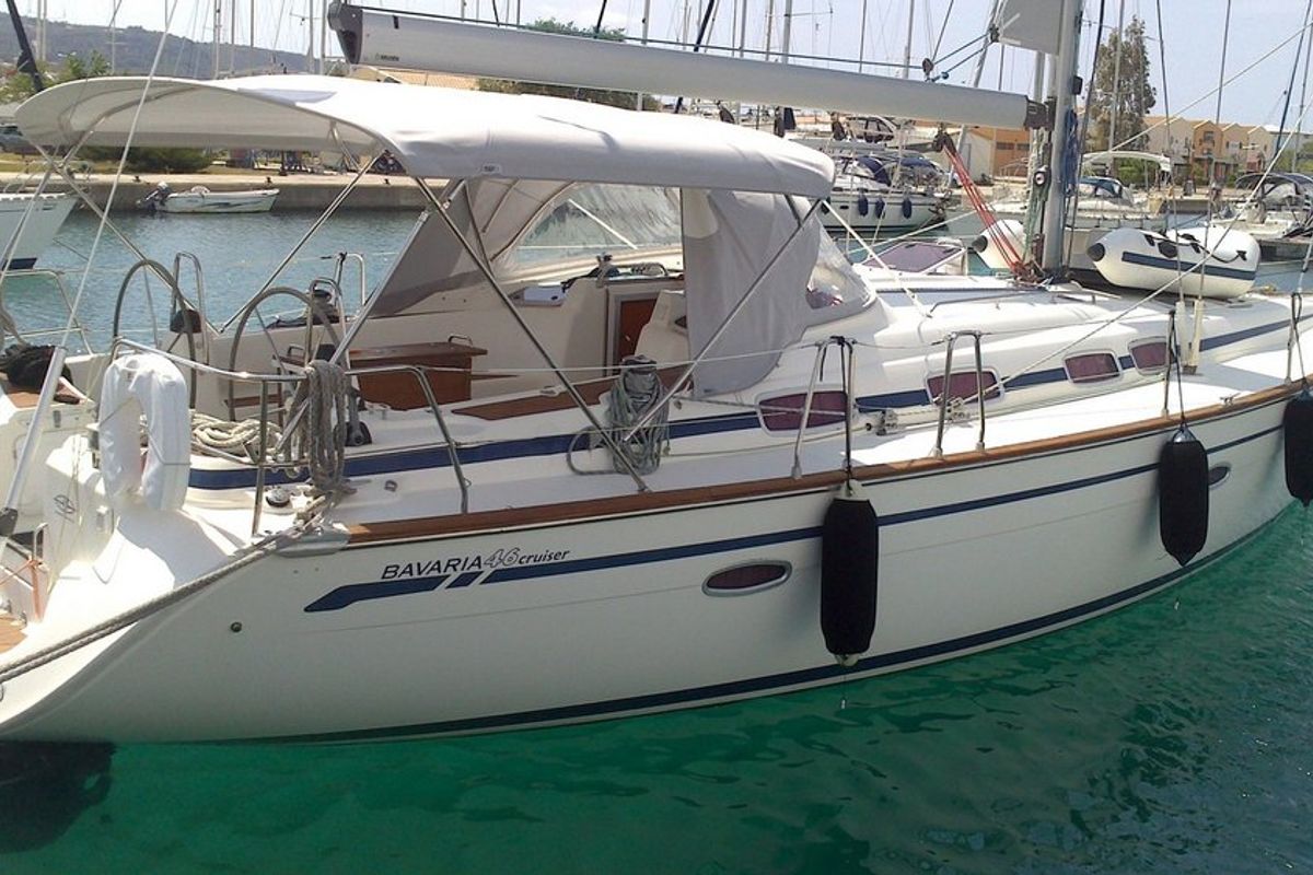 Exterior view of Fox, a Bavaria 46 Cruiser sailboat at Pallini Municipal Unit, Greece