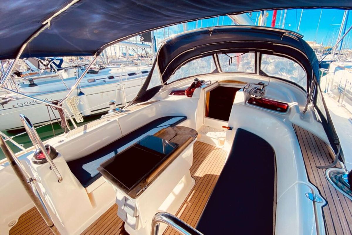 Cockpit of Fox, a Bavaria 46 Cruiser sailboat at Pallini Municipal Unit, Greece