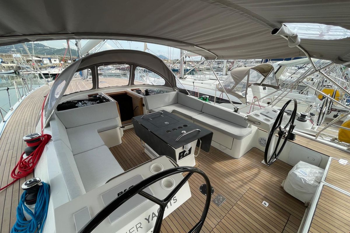 Cockpit of Six on the Sea, a D&D Kufner 54 sailboat at Salerno, Italy