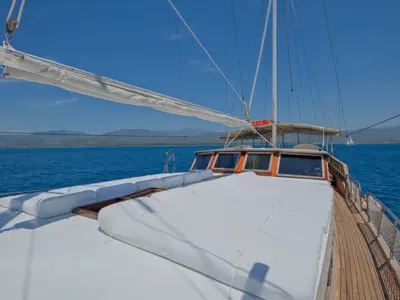 Deck of Pronto White, a Gulet Gulet gulet at Fethiye, Turkey