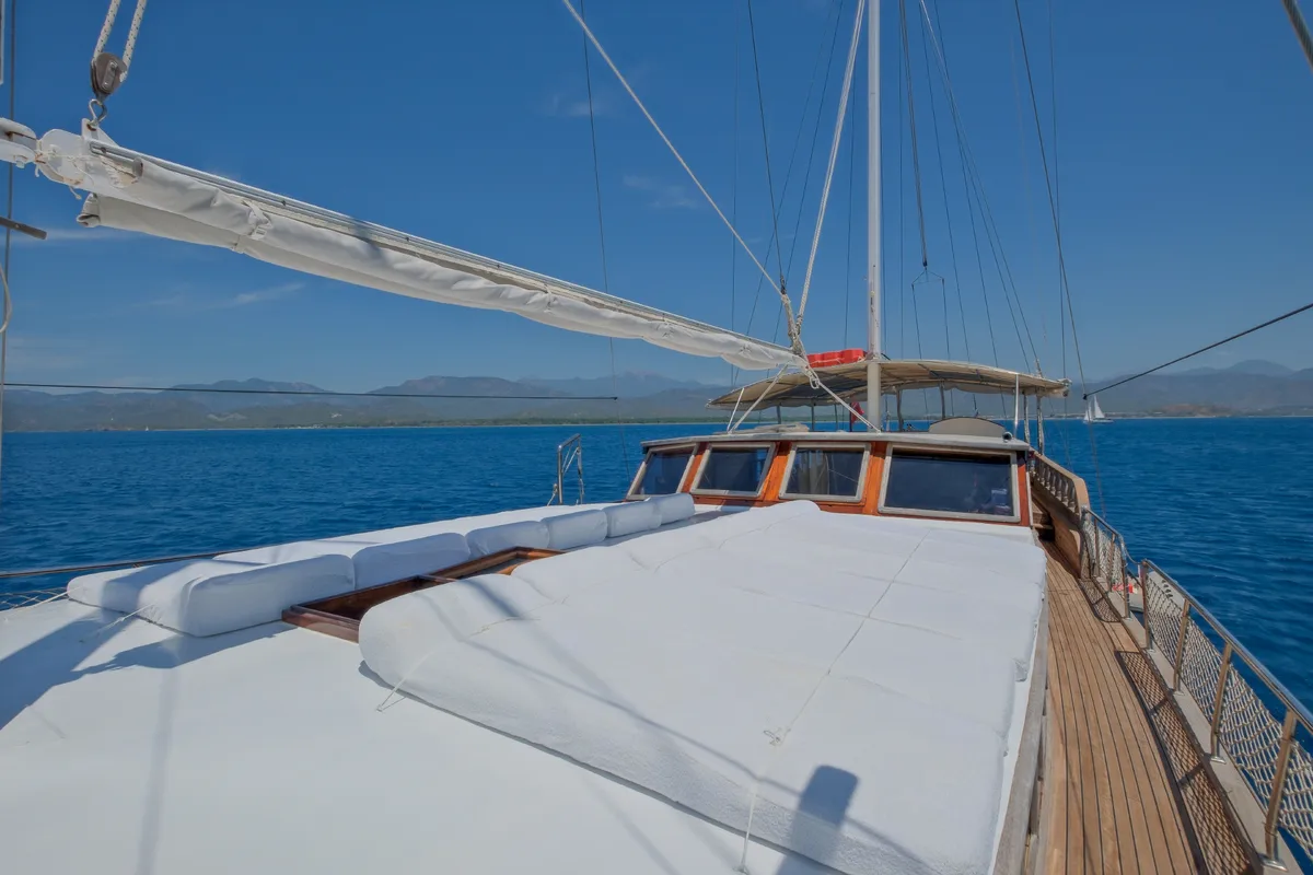 Deck of Pronto White, a Gulet Gulet gulet at Fethiye, Turkey