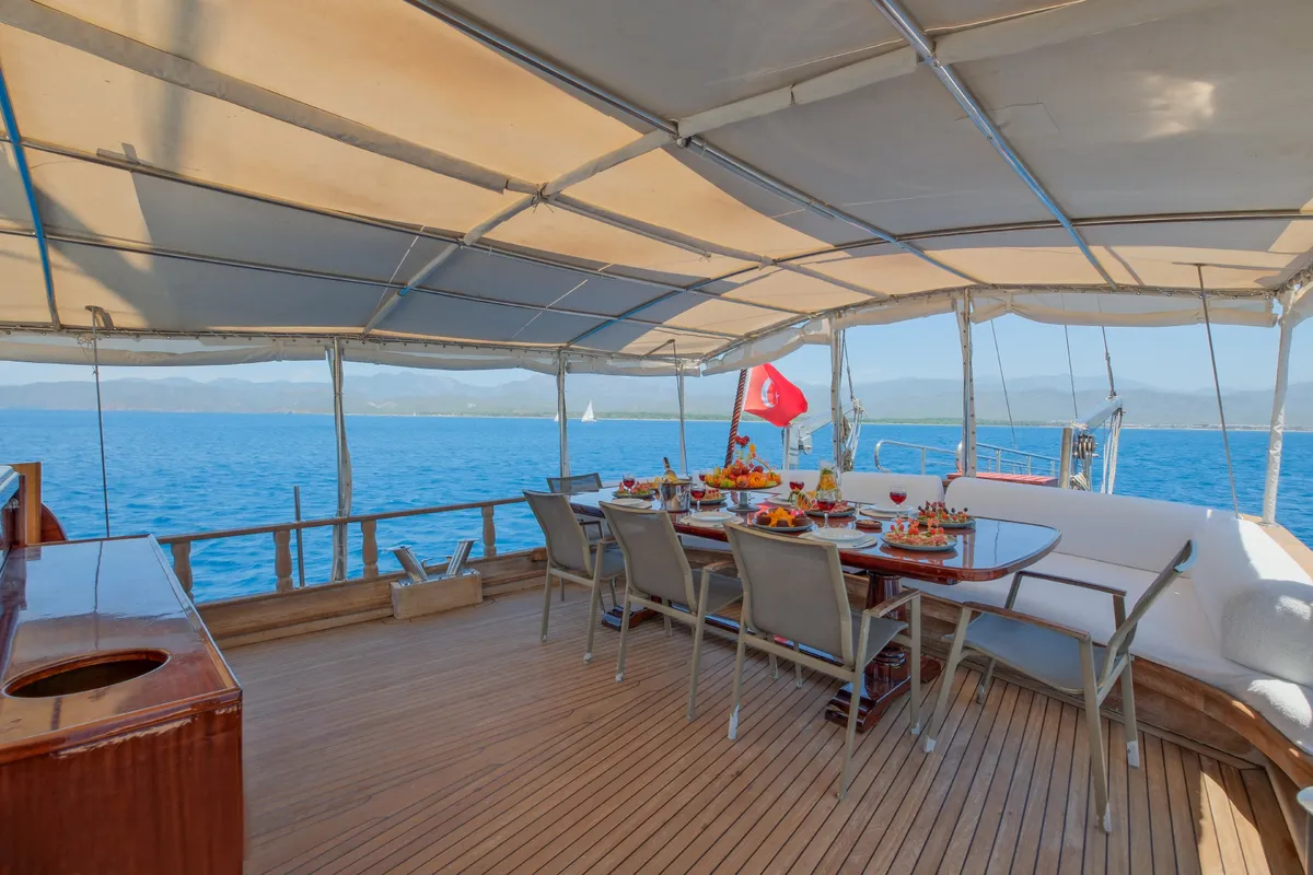 Deck of Pronto White, a Gulet Gulet gulet at Fethiye, Turkey