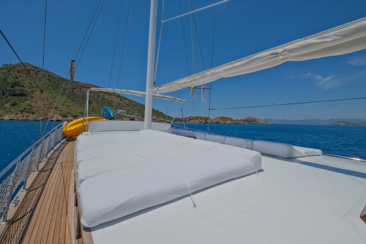 Deck of Pronto White, a Gulet Gulet gulet at Fethiye, Turkey