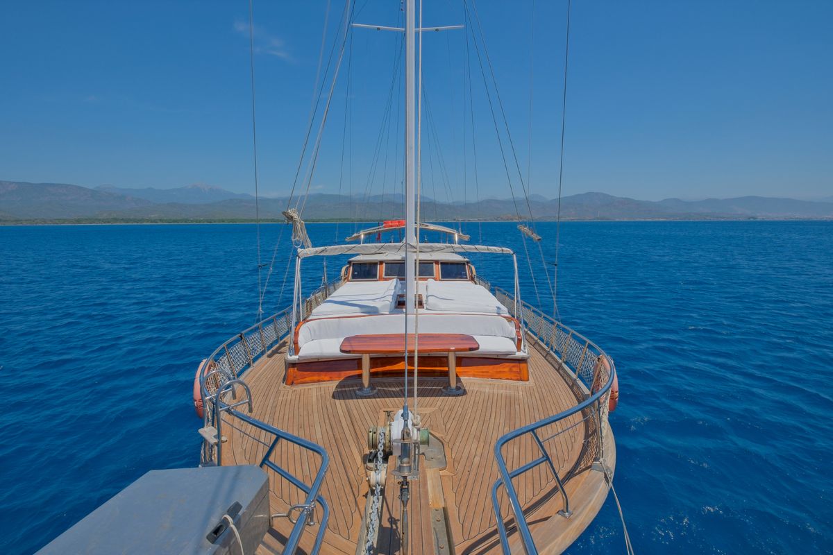 Deck of Pronto White, a Gulet Gulet gulet at Fethiye, Turkey