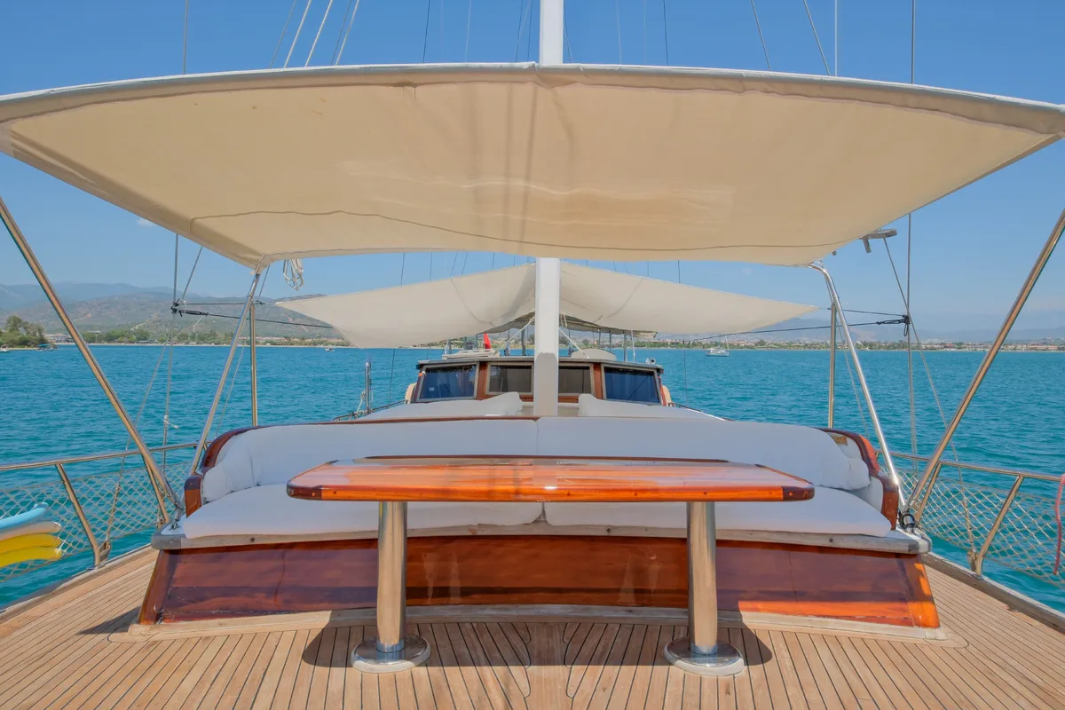 Deck of Pronto White, a Gulet Gulet gulet at Fethiye, Turkey