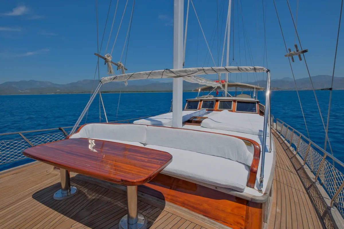 Deck of Pronto White, a Gulet Gulet gulet at Fethiye, Turkey