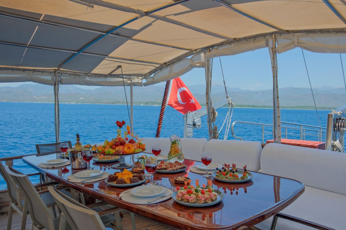 Deck of Pronto White, a Gulet Gulet gulet at Fethiye, Turkey