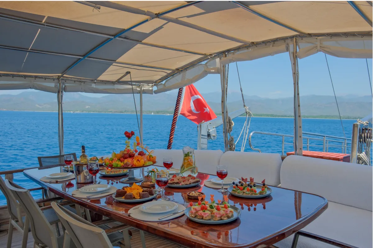 Deck of Pronto White, a Gulet Gulet gulet at Fethiye, Turkey