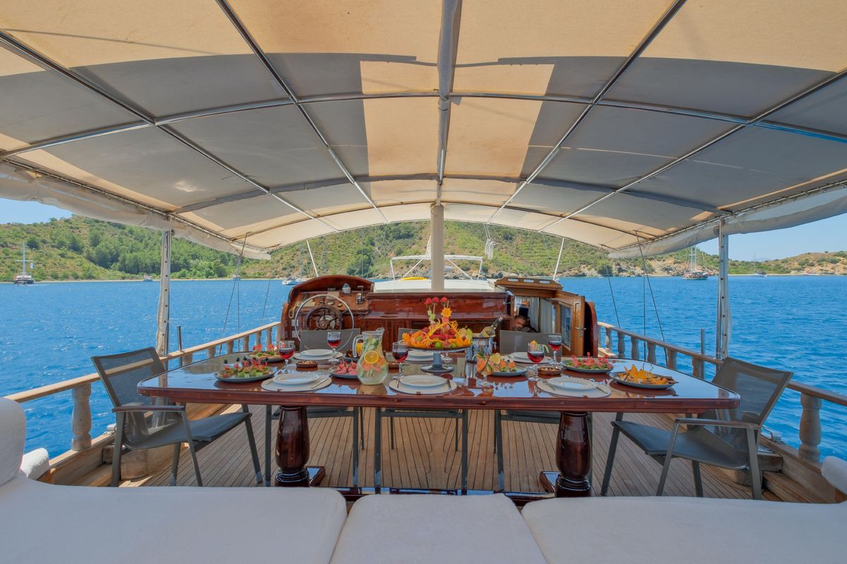Deck of Pronto White, a Gulet Gulet gulet at Fethiye, Turkey