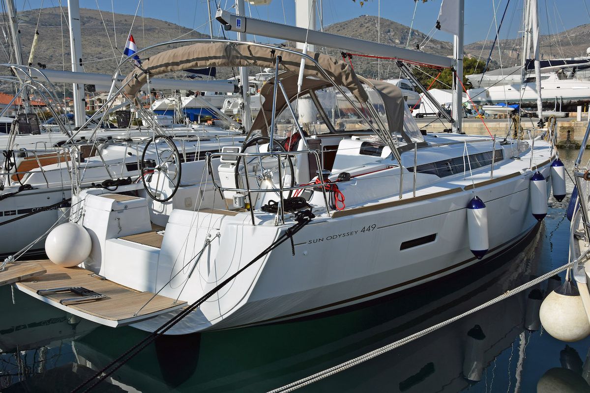 Exterior view of Beaujolais, a Jeanneau Sun Odyssey 449 sailboat at Seget Donji, Croatia