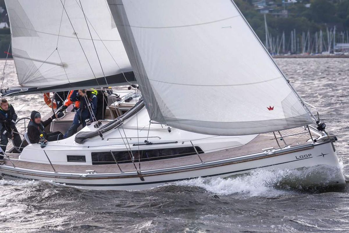 Exterior view of Loop, a Bavaria Cruiser 34 sailboat at Flensburg, Germany