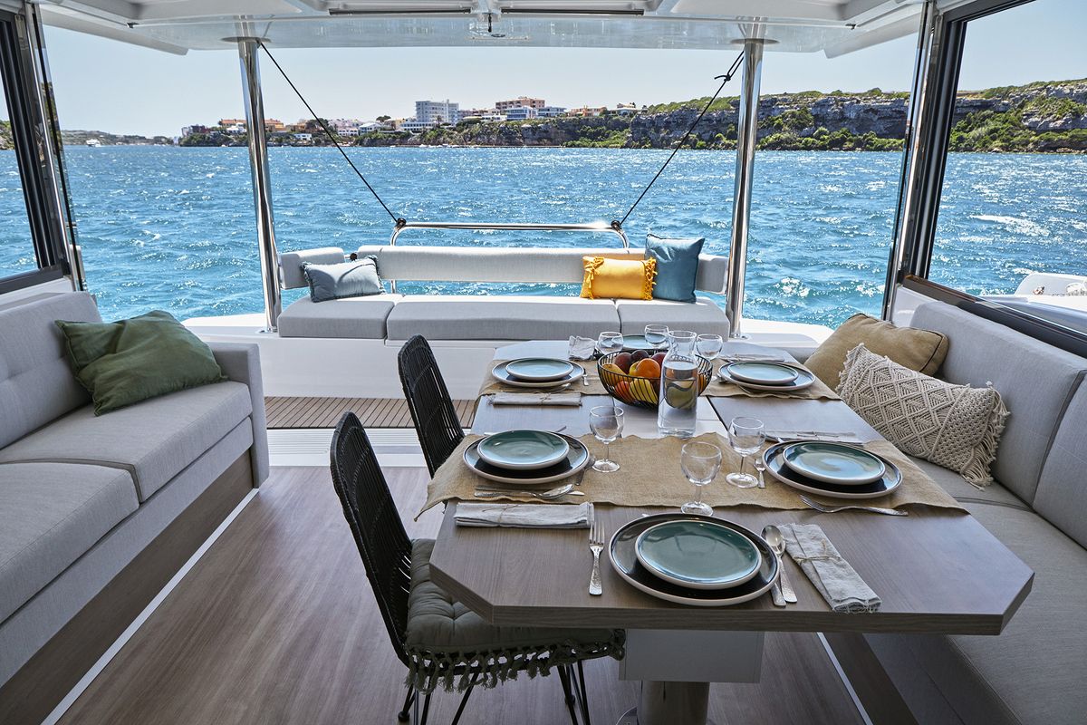 Salon of Te Tiama, a Bali 4.4 catamaran at Hyères, France