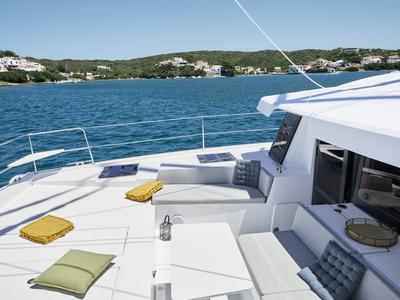 Deck of Te Tiama, a Bali 4.4 catamaran at Hyères, France