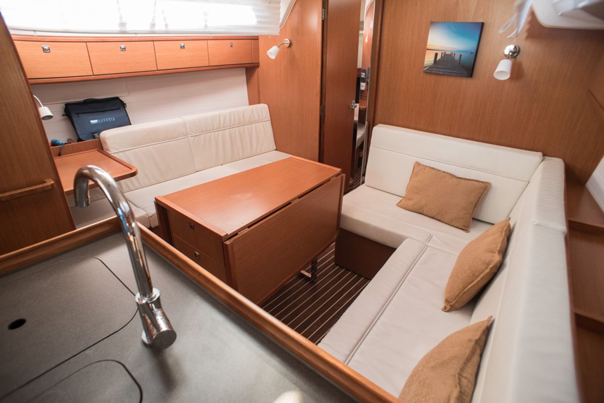 Salon of Takis II, a Bavaria Cruiser 37 sailboat at Municipal Unit of Nea Peramos, Greece