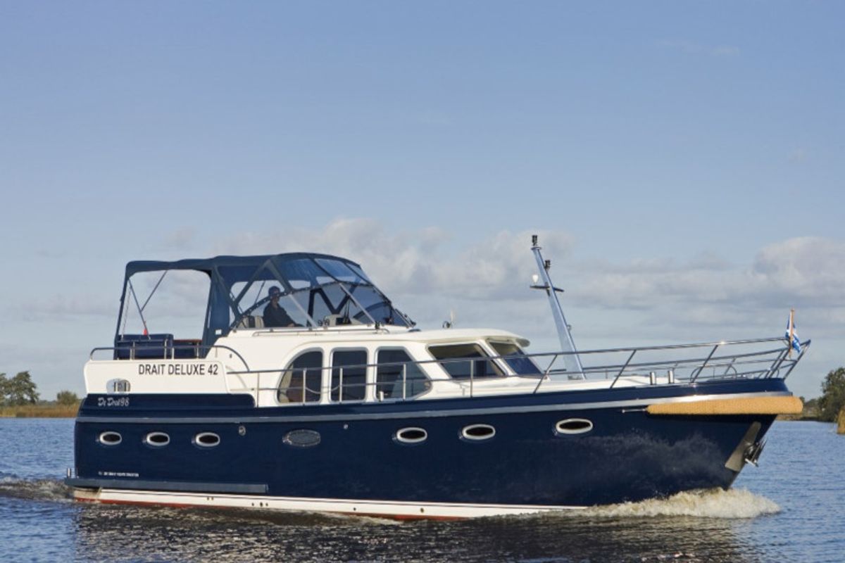 Exterior view of Drait 98, a De Drait DeLuxe 42 motorboat at Drachten, Netherlands