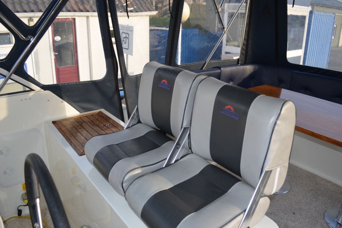 Cockpit of Drait 98, a De Drait DeLuxe 42 motorboat at Drachten, Netherlands