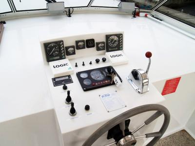 Cockpit of Drait 26, a De Drait Renal 50 motorboat at Drachten, Netherlands