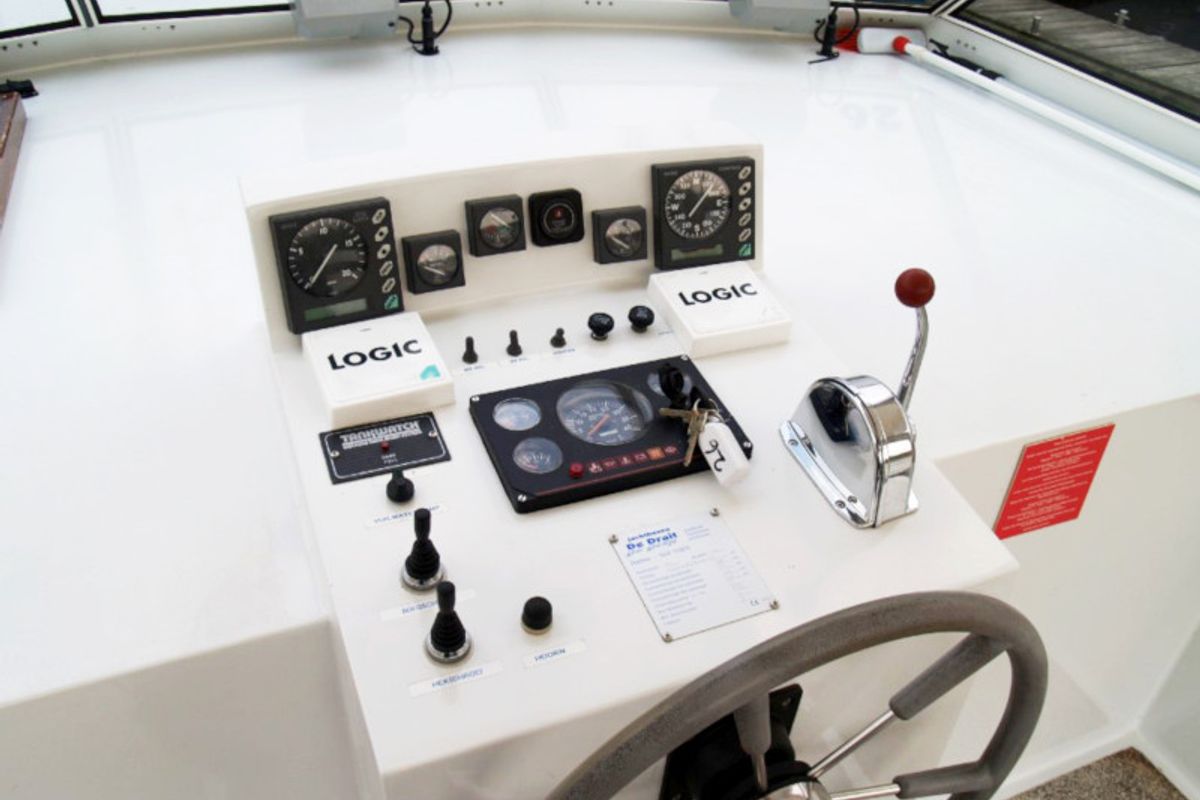 Cockpit of Drait 26, a De Drait Renal 50 motorboat at Drachten, Netherlands