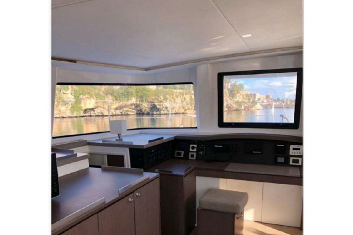 Cockpit of Cossyra, a Bali 4.8 catamaran at Palermo, Italy