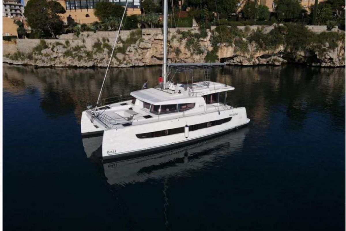 Exterior view of Cossyra, a Bali 4.8 catamaran at Palermo, Italy