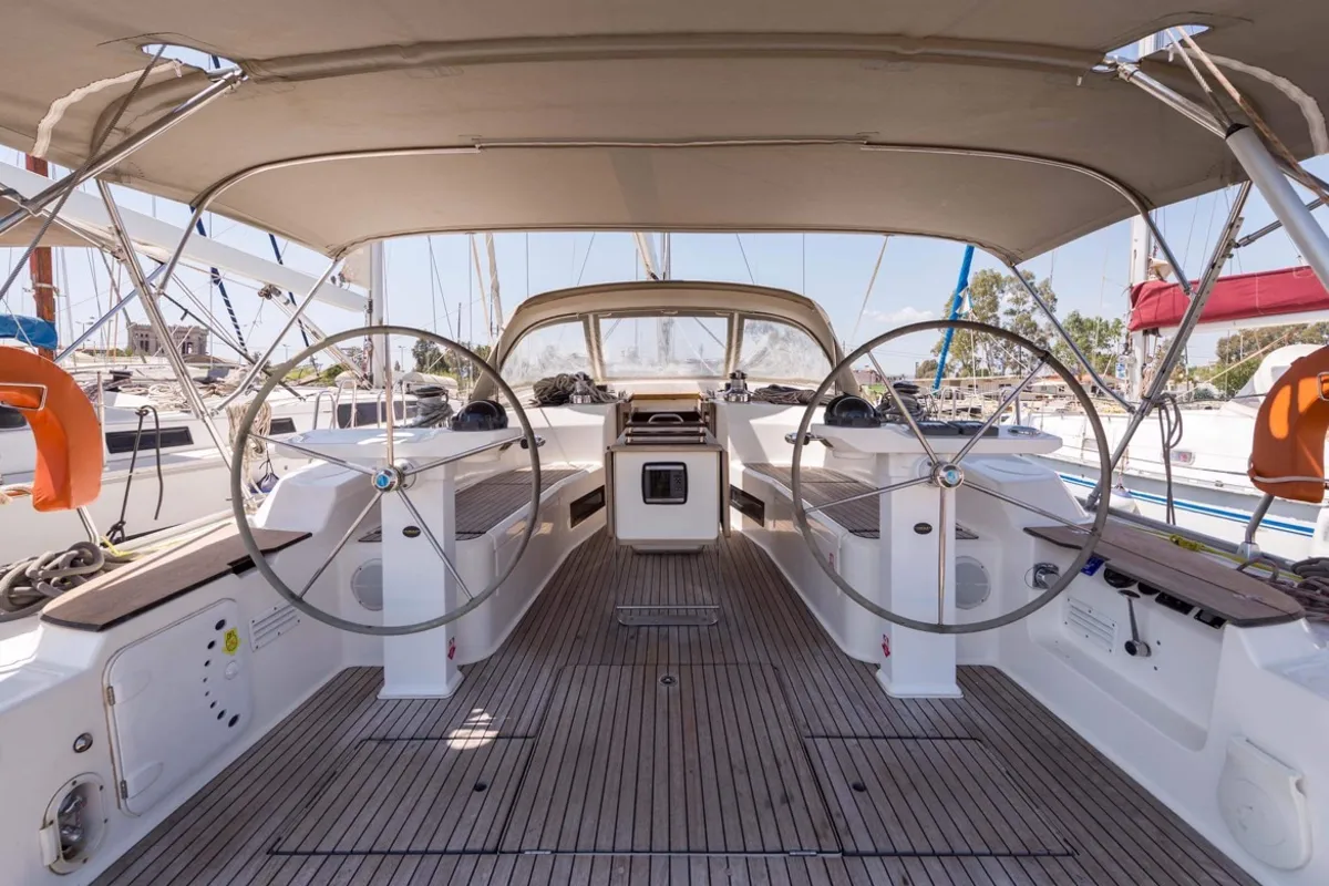 Cockpit of Altair, a Bavaria Cruiser 50 sailboat at Sami Municipal Unit, Greece
