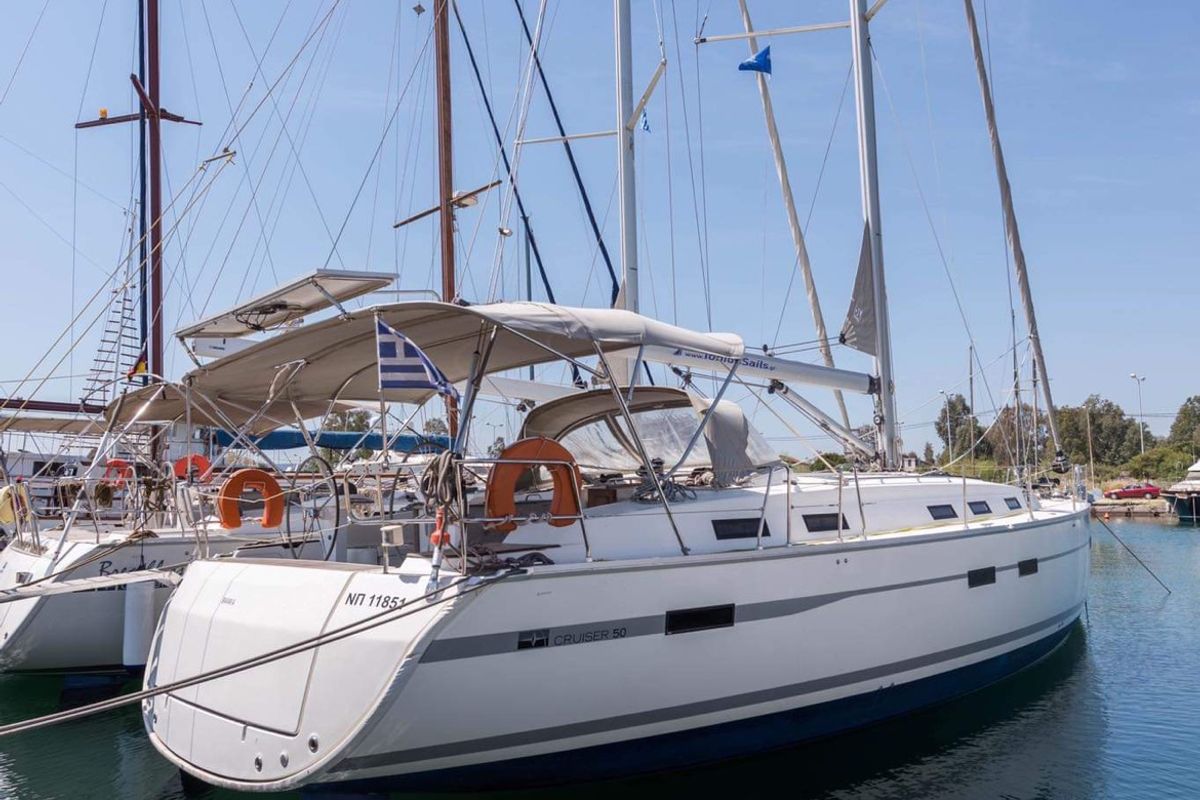 Exterior view of Altair, a Bavaria Cruiser 50 sailboat at Sami Municipal Unit, Greece