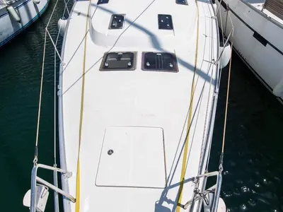 Deck of Altair, a Bavaria Cruiser 50 sailboat at Sami Municipal Unit, Greece