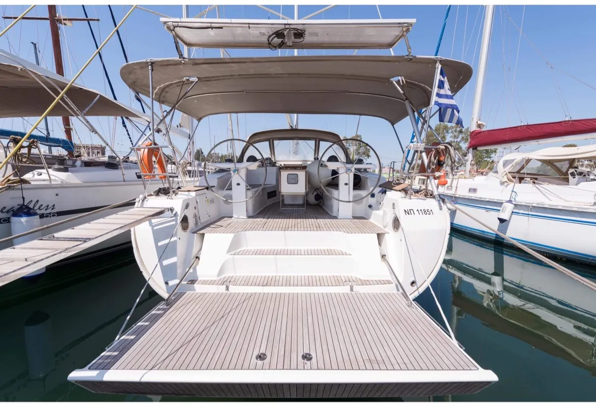 Deck of Altair, a Bavaria Cruiser 50 sailboat at Sami Municipal Unit, Greece