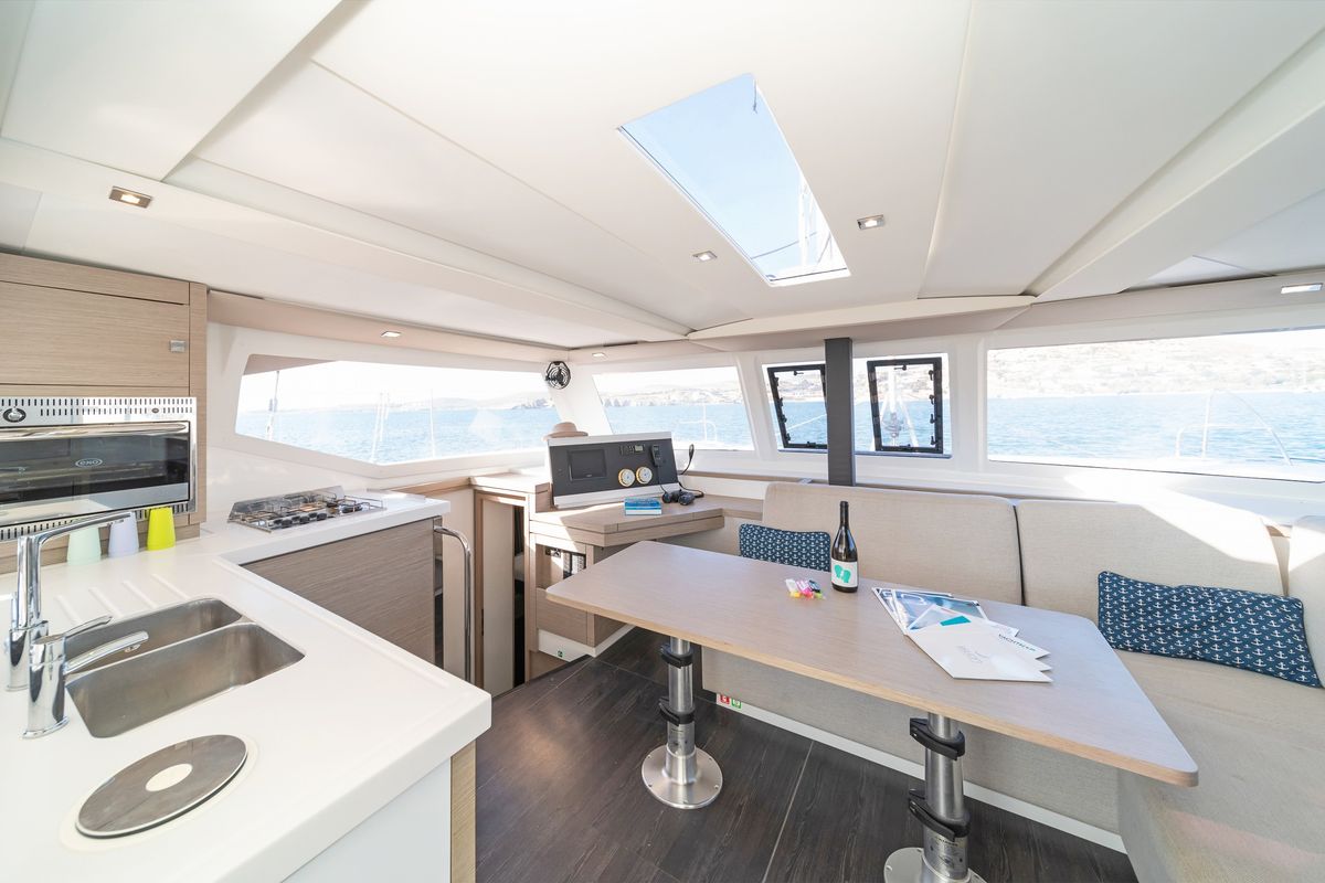 Galley of E.S. II, a Fountaine Pajot Lucia 40 catamaran at Municipal Unit of Lefkada, Greece
