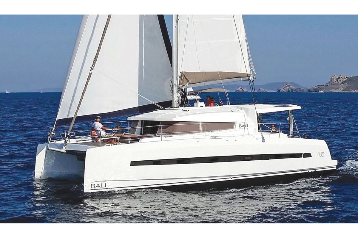 Exterior view of Leandra, a Bali 4.5 catamaran at Marmaris, Turkey
