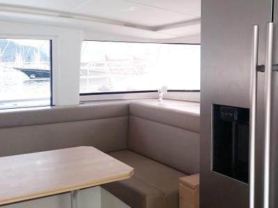 Salon of Leandra, a Bali 4.5 catamaran at Marmaris, Turkey