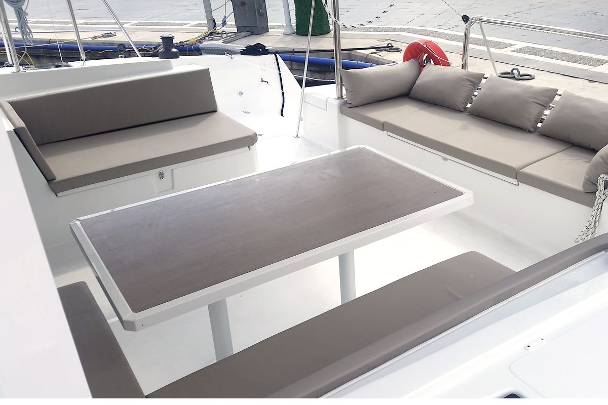 Deck of Leandra, a Bali 4.5 catamaran at Marmaris, Turkey