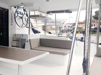 Cockpit of Leandra, a Bali 4.5 catamaran at Marmaris, Turkey