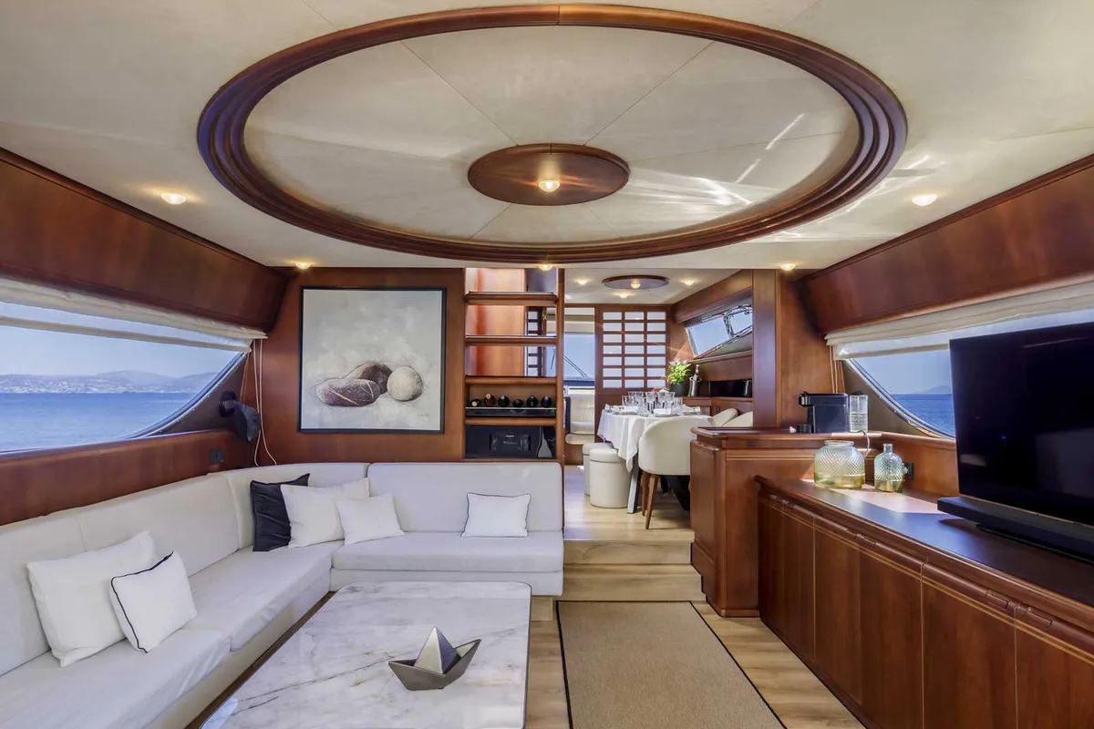 Salon of My Way, a Ferretti 72 yacht at Athens, Greece