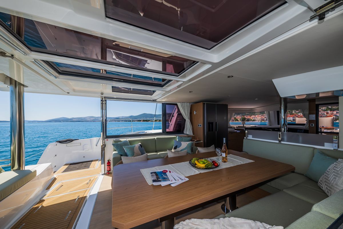 Salon of Manul, a Bali 4.8 catamaran at Grad Kaštela, Croatia
