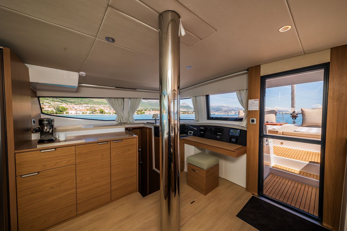 Cockpit of Manul, a Bali 4.8 catamaran at Grad Kaštela, Croatia