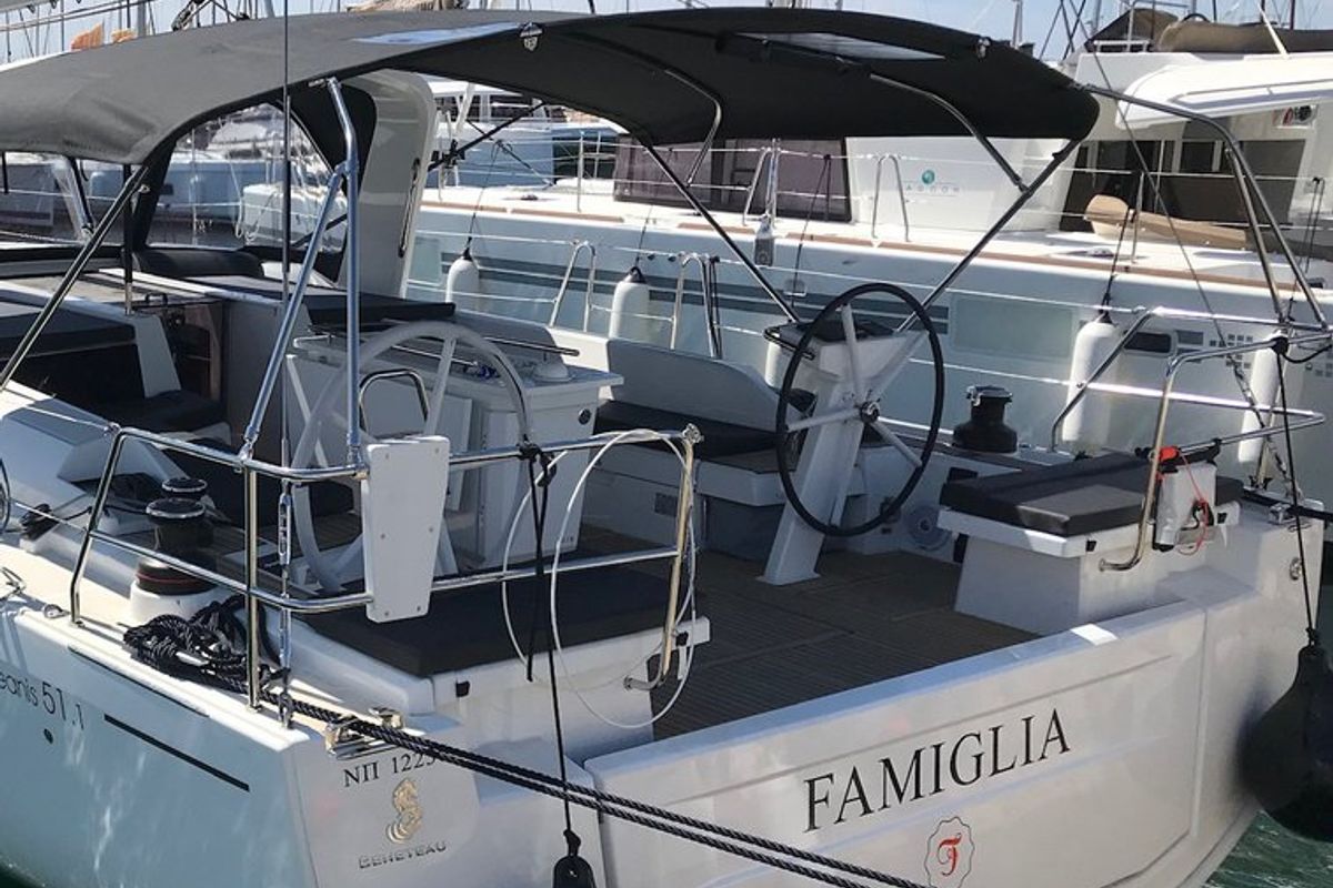 Cockpit of Famiglia, a Beneteau Oceanis 51.1 sailboat at Athens, Greece